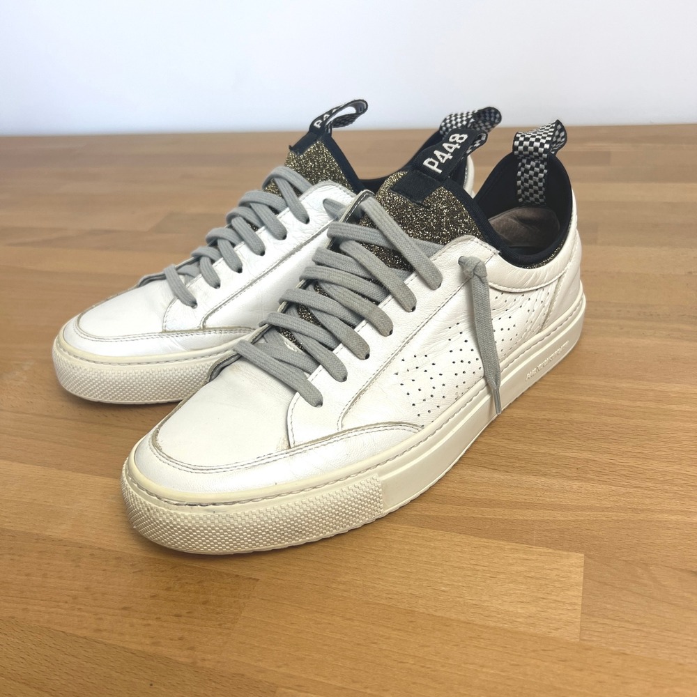 P448 White Leather Low-Top Sneakers with Gray Laces and Black Heel Tab